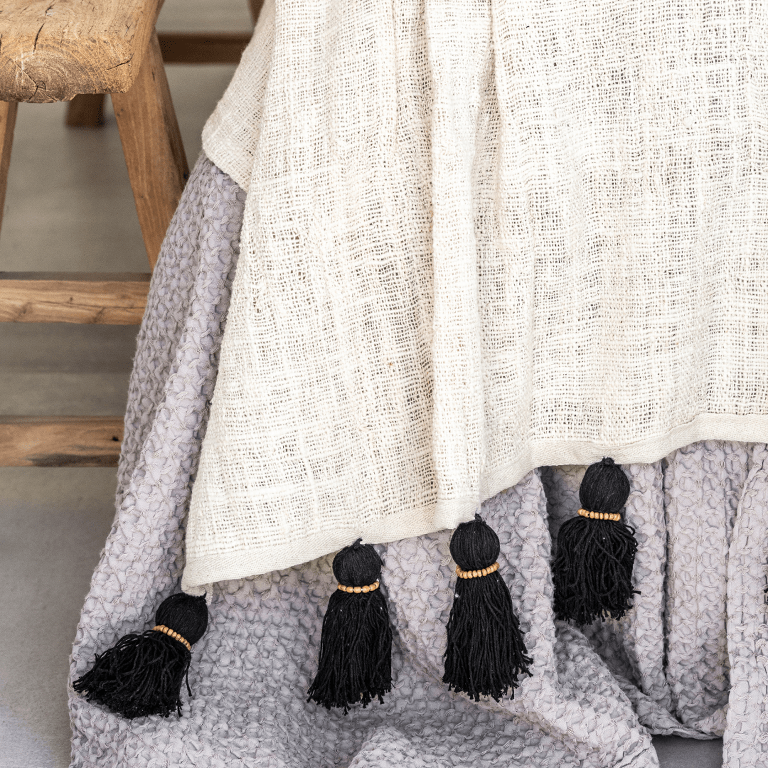 Zoco Home Bali Cotton Throw | Black Tassel | White 220x140cm