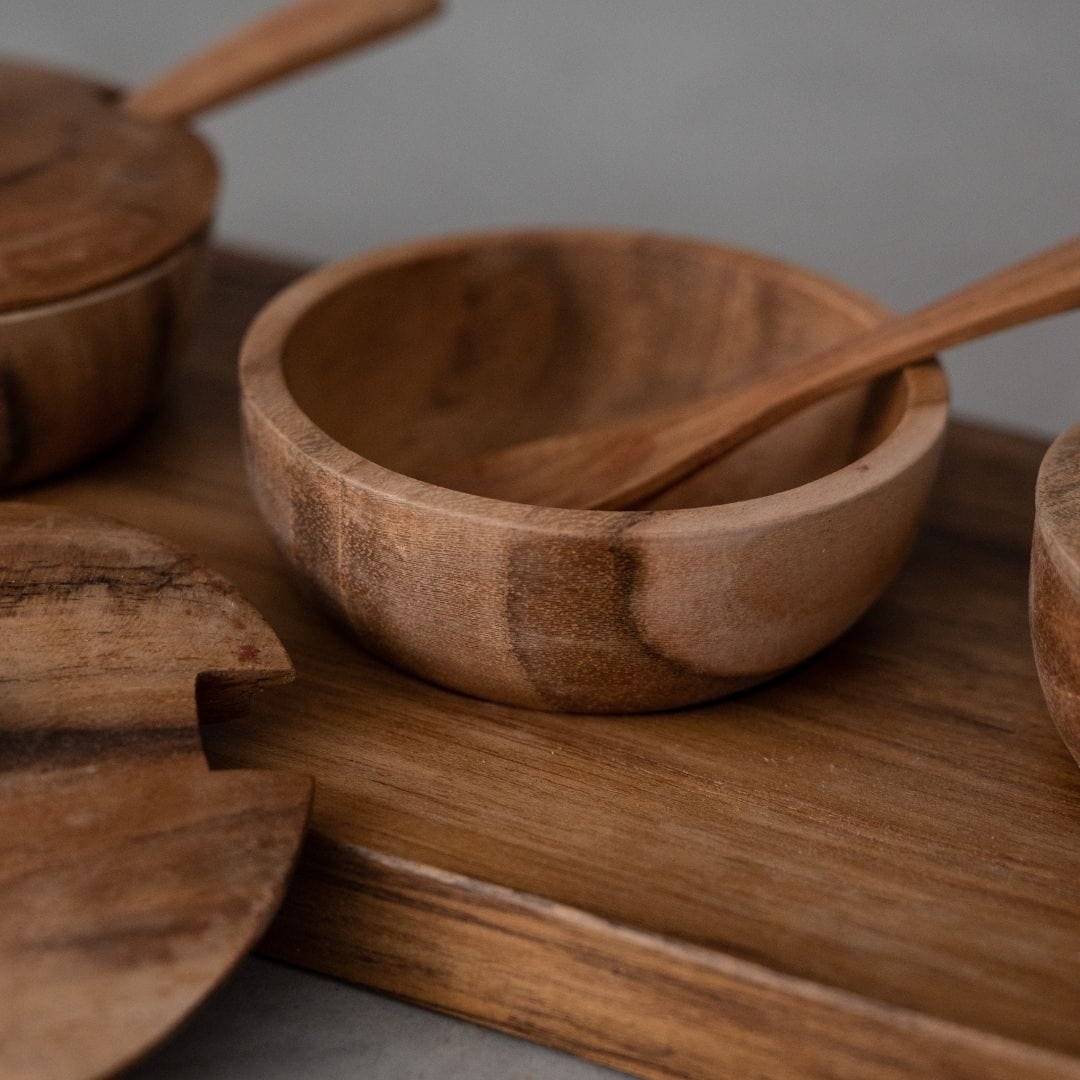 Zoco Home Teak Bowl w/ Spoon Set of 3 | 27x11x8cm