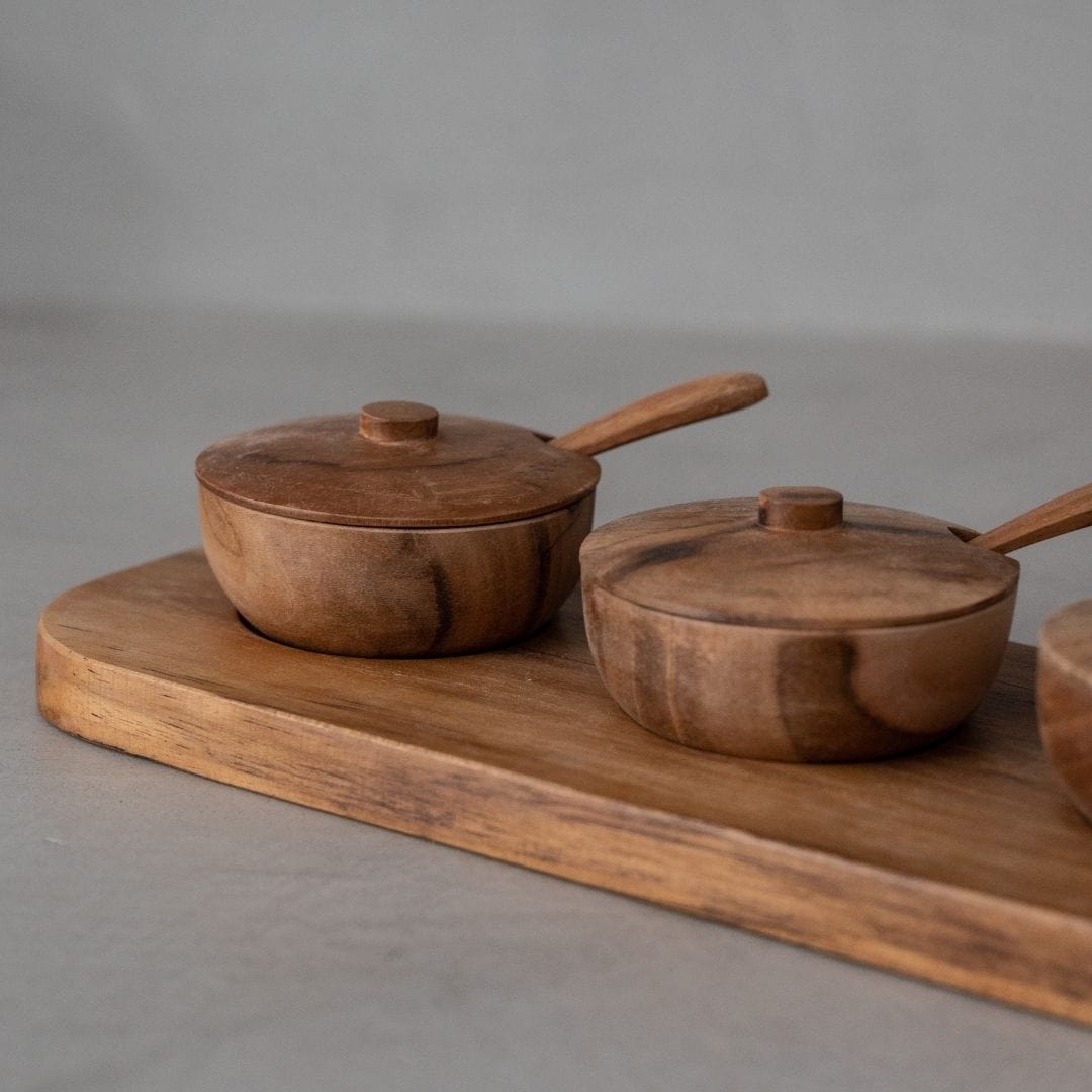 Zoco Home Teak Bowl w/ Spoon Set of 3 | 27x11x8cm